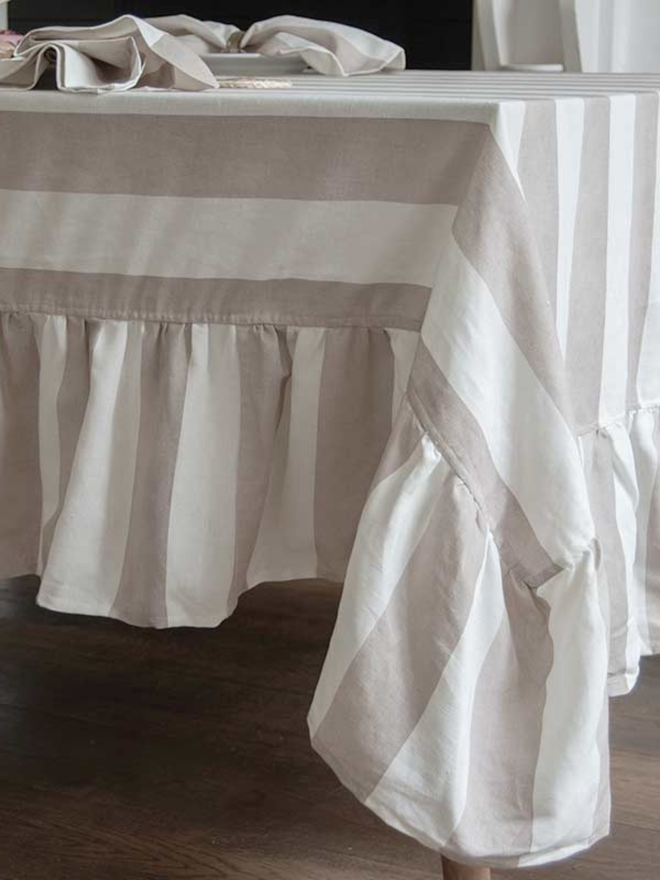Mocha Striped Ruffle Tablecloth