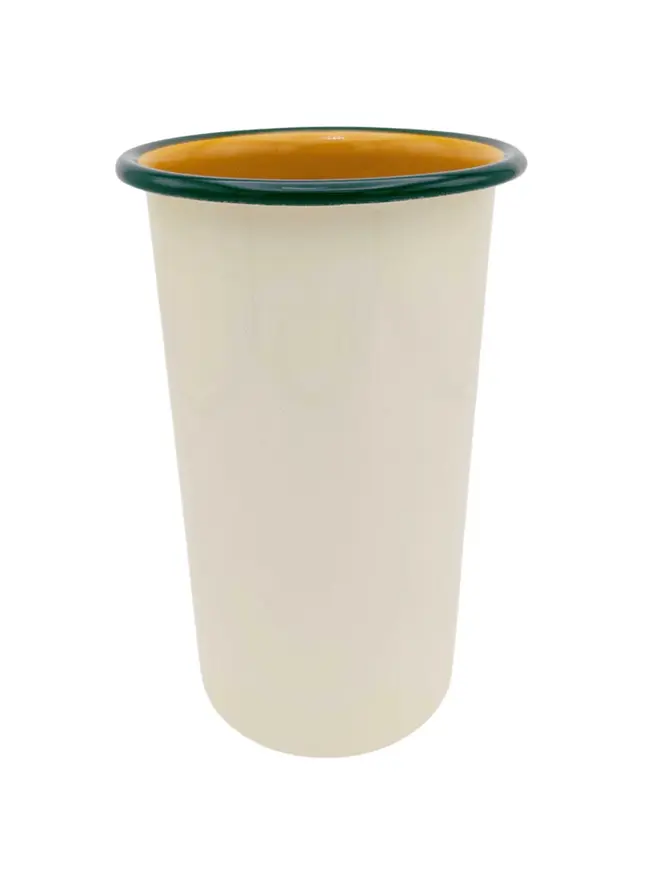 Enamel Vase, a colourful enamel vase sitting on a plain white surface. 
