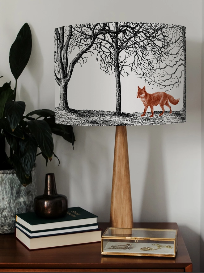 Handmade fox lampshade inspired by woodland walks and British countryside cottage style.
