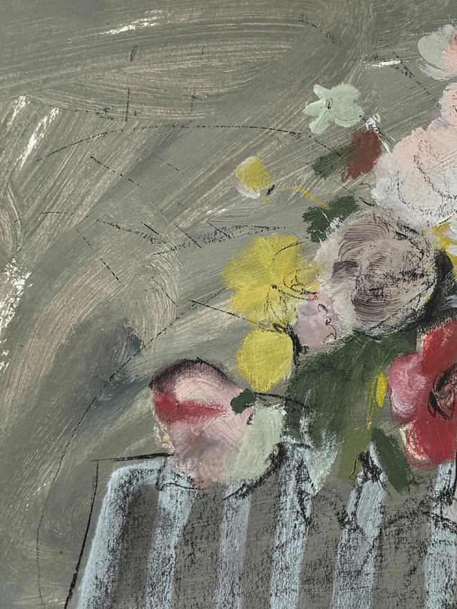 a print of a painterly floral bouquet with a sketchy feel and stripy tablecloth