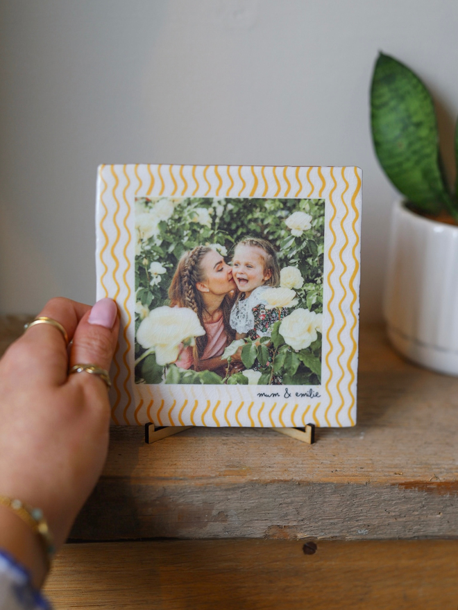 Personalised Crackle Glazed Wavy Orange Ceramic Photo Tile
