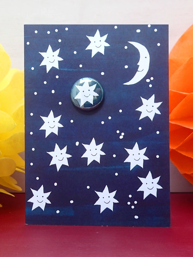 stars and moon card with pin badge