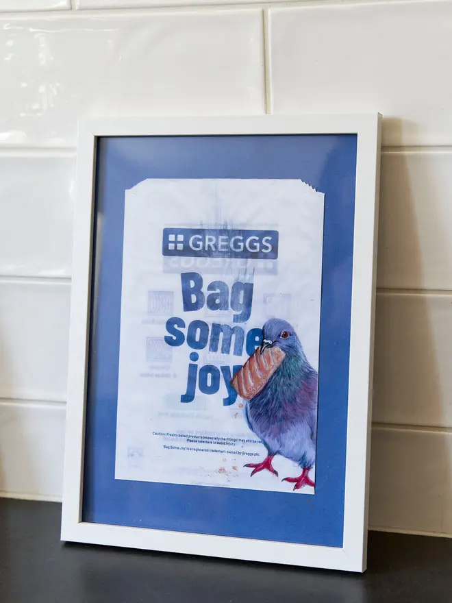 'Bag Some Joy' Greggs Sausage roll print blue and white 