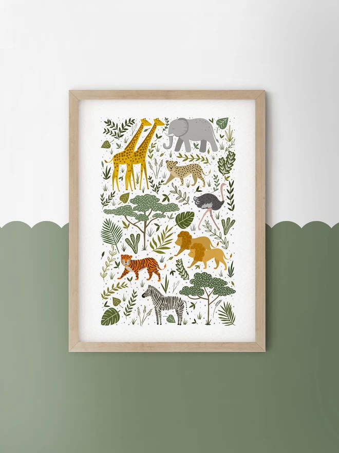 Framed Safari Animal wall print on scallop painted green wall