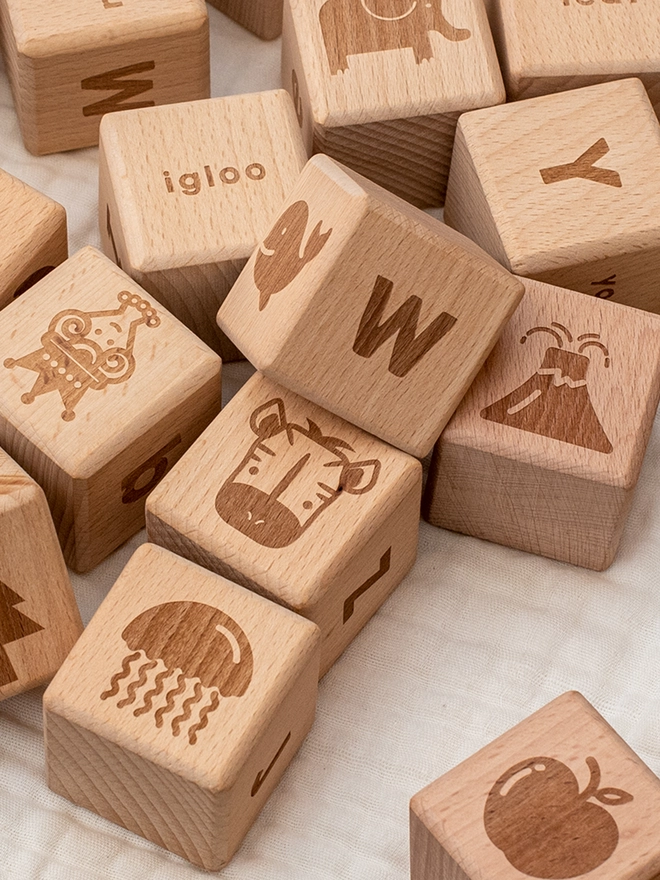 Wooden Alphabet Blocks Engraved with Images