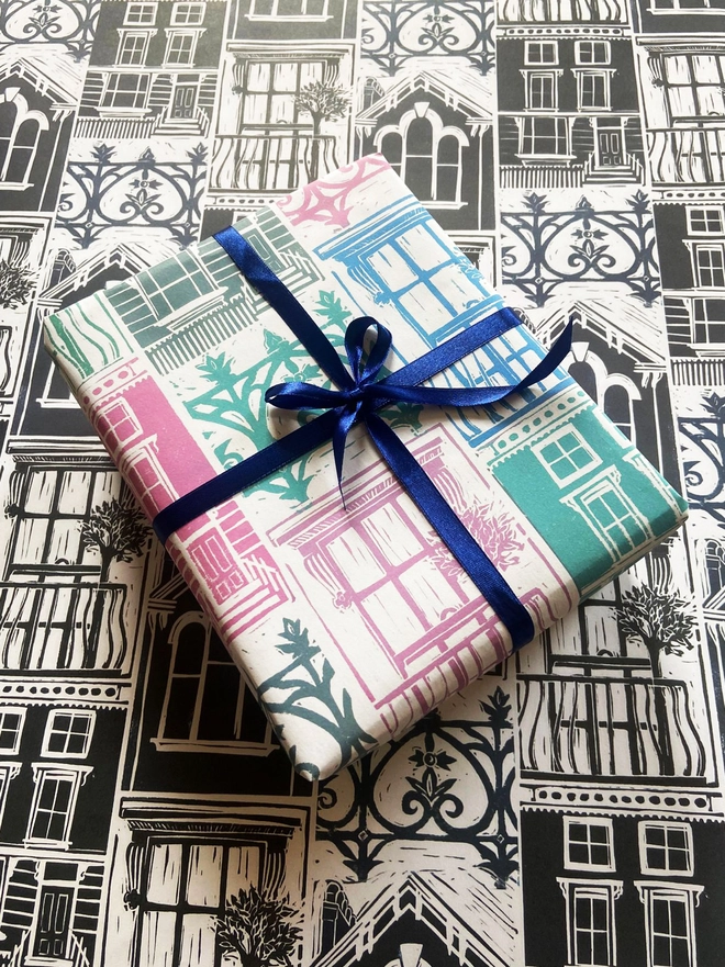 pastel shades London houses linocut gift wrapping paper by Kate Guy