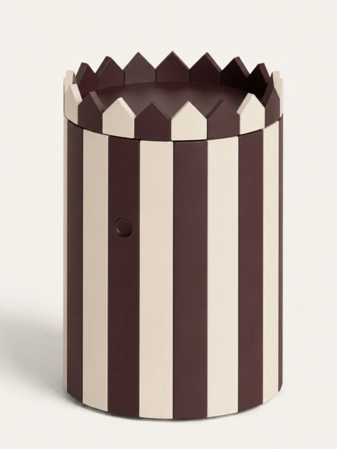 Striped Barrel Table & Large Tray Set. A barrel table and tray set in chocolate
