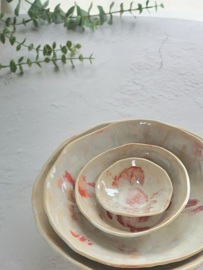 Nesting set of 4 bowls, dream catcher and rose, Jenny Hopps Pottery