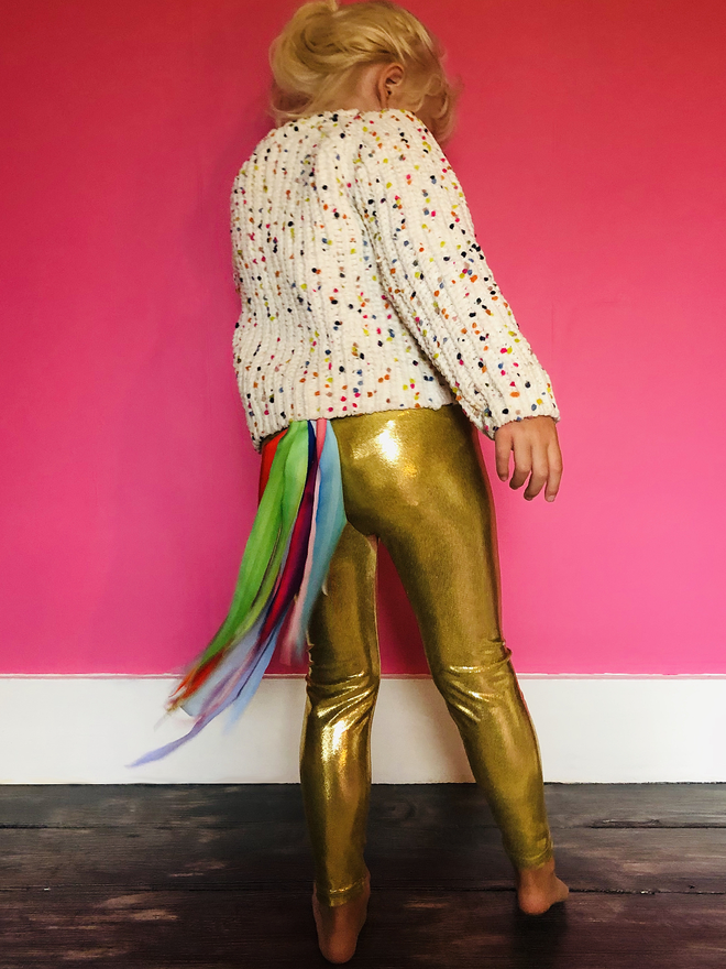 Metallic Gold Leggings with a swishing rainbow tail