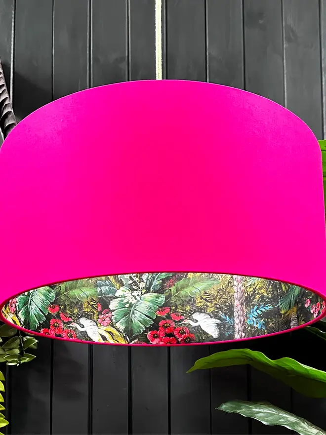 Charcoal Flight of the Cranes lampshade with Pomegranate Pink cotton exterior