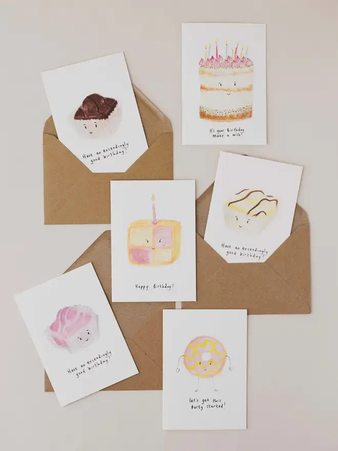 Set of 6 cake and teatime treats birthday cards 