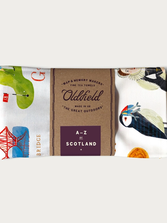 A-Z Scotland Tea Towel Folded and Packaged