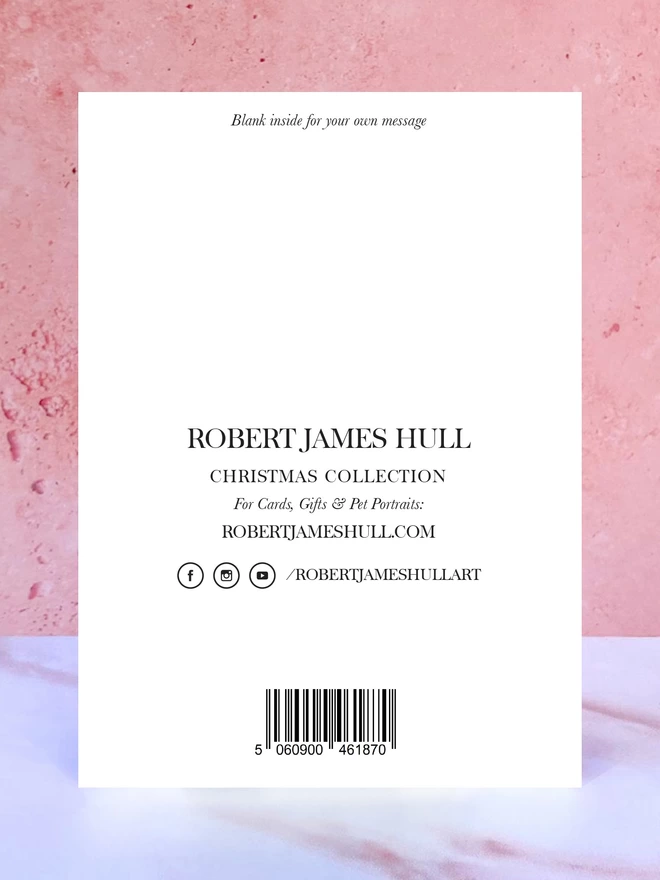 The reverse of the card, which reads 'blank inside for your own message' as well as 'Robert James Hull', and a message saying 'Warning: This product is not a toy. Not suitable for children under 3 years due to small parts and/or sharp points which may constitute a choking hazard and/or risk of laceration.'. 