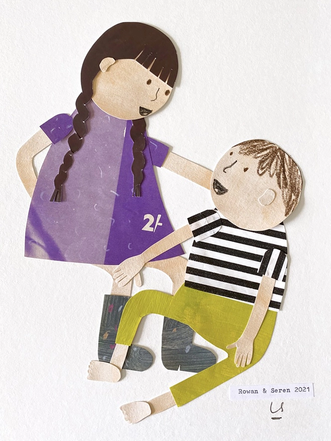 a collaged portrait of a big sister and baby brother 