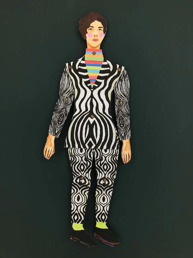 Bridget Riley in black and white suit assembled articulated puppet