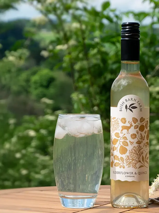 Elderflower & Quince Cordial (Set Of 1, 2, 3 Or 4), a glass of elderflower sitting next to a bottle of elderflower on a wooden table. 