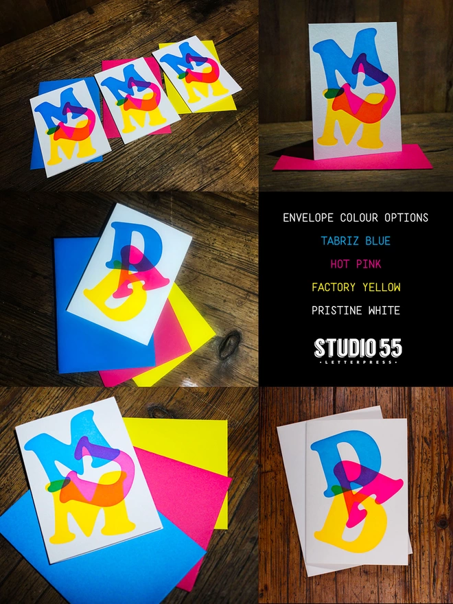 Envelope Colour Options, Blue, Yellow, Pink and White