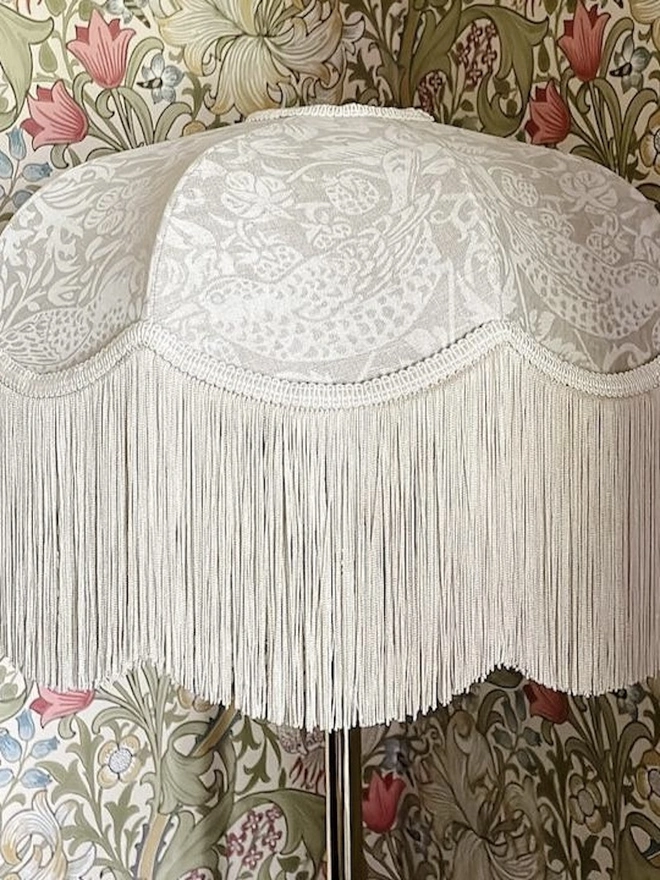William Morris Strawberry Thief Fringed Lampshade - Flax