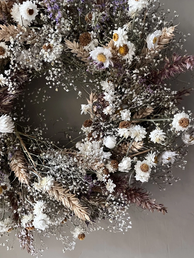 Winter White Daisy wreath made with dried seasonal flowers