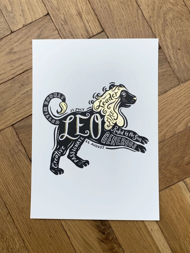 Leo Monochrome gold foil Star sign zodiac artwork