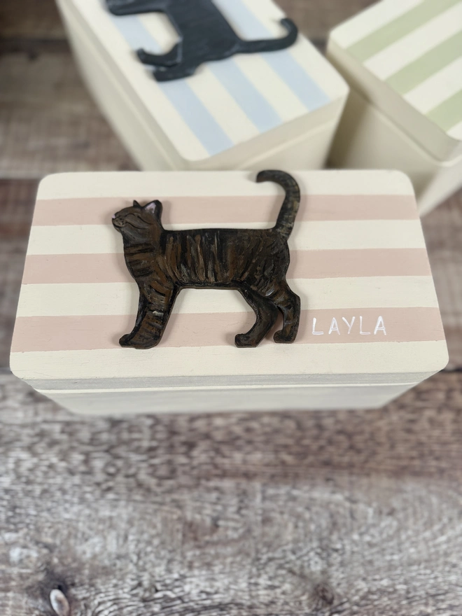 Pink and cream striped small wooden keepsake box with a hand - painted wooden tabby cat personalised with the name LAYLA in white 