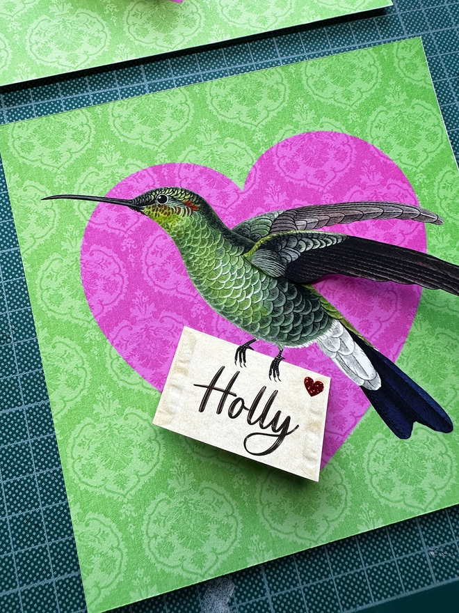 Pink heart hummingbird print with personalised name 