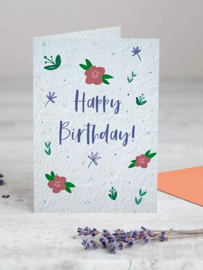 Happy Birthday Seeded Card with floral illustrations with a sprig Lavender in the foreground