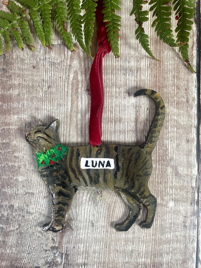 Tabby Cat Hand- painted wooden portrait Christmas decoration