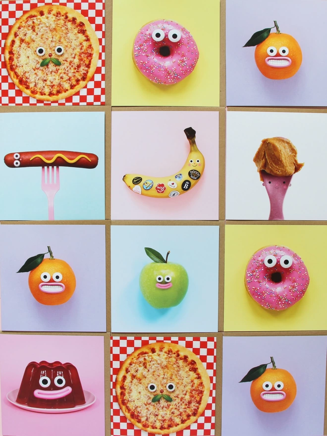 12 square colourful cards. All foods with faces. 