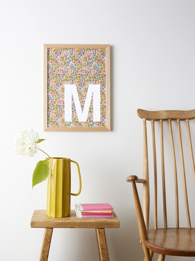 Personalised framed Liberty floral initial print with white lettering