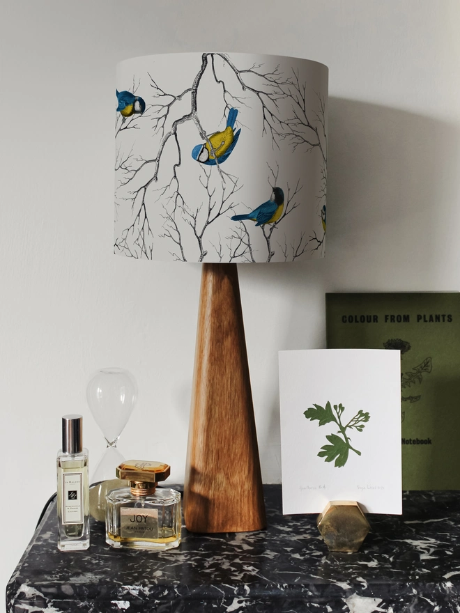 Blue Tit lampshade featuring a playful pattern of colourful British garden birds.