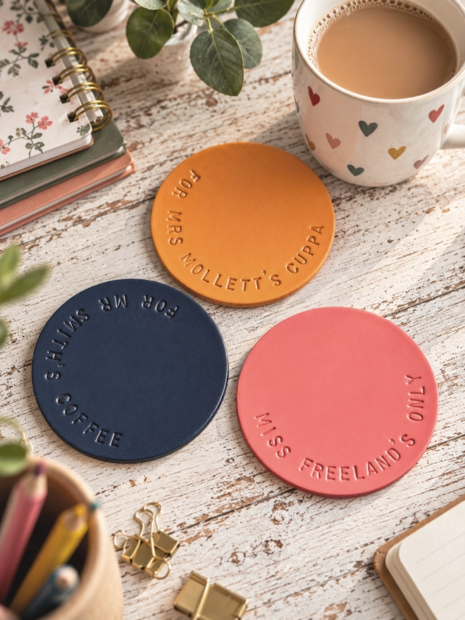 Hand stamped painted leather coasters for Teacher