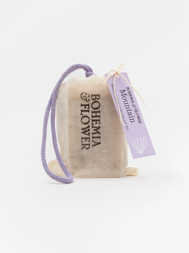 Mountain Soap on a Rope – handmade shower soap with calming lavender, grounding patchouli, and sweet fennel essential oils. A relaxing, modern scent in a chunky bar with a colourful British-made cotton rope – perfect eco-friendly self-care gift