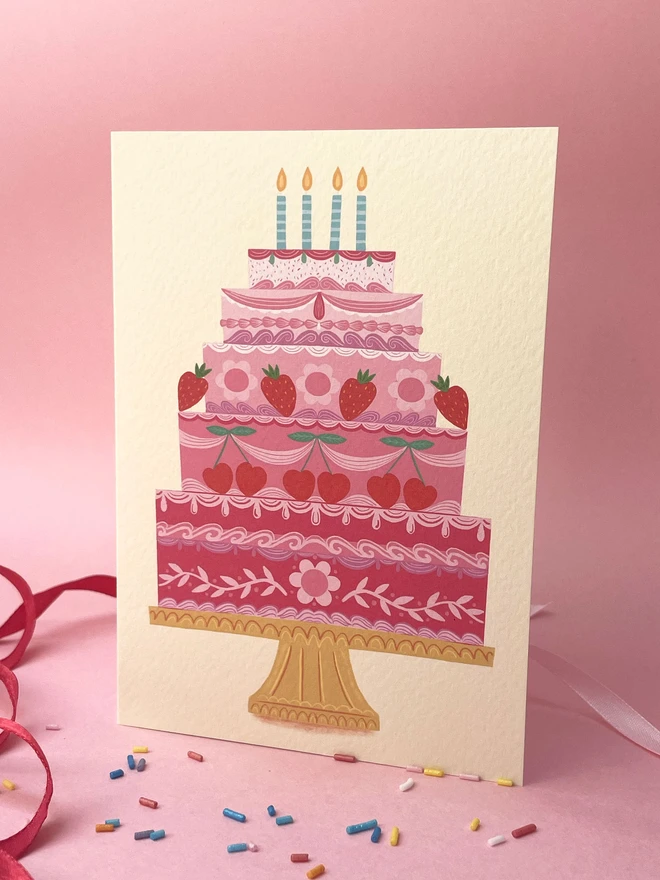 Folk Style Pink Cherries and Strawberries Cake
