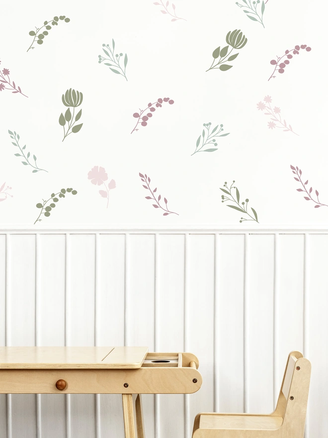 botanical bloom wall stickers in pastel colours in a kids playroom on a kitchen wall