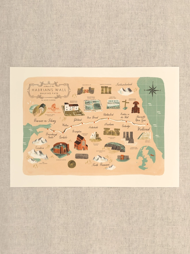 Hadrian's Wall Map Print, unframed, against a neutral background