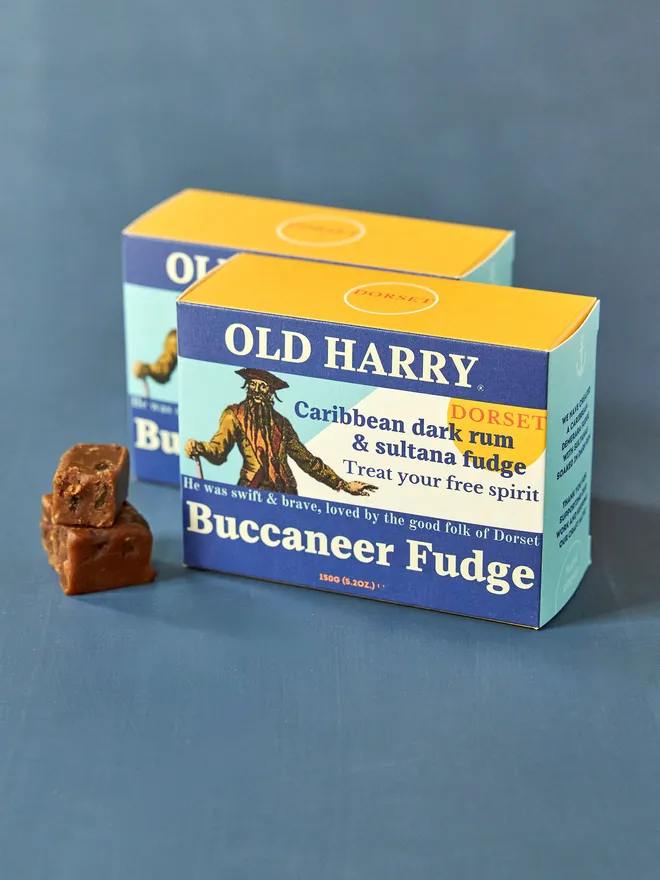 Old Harry Buccaneer Fudge. box of fudge with pirate illustration