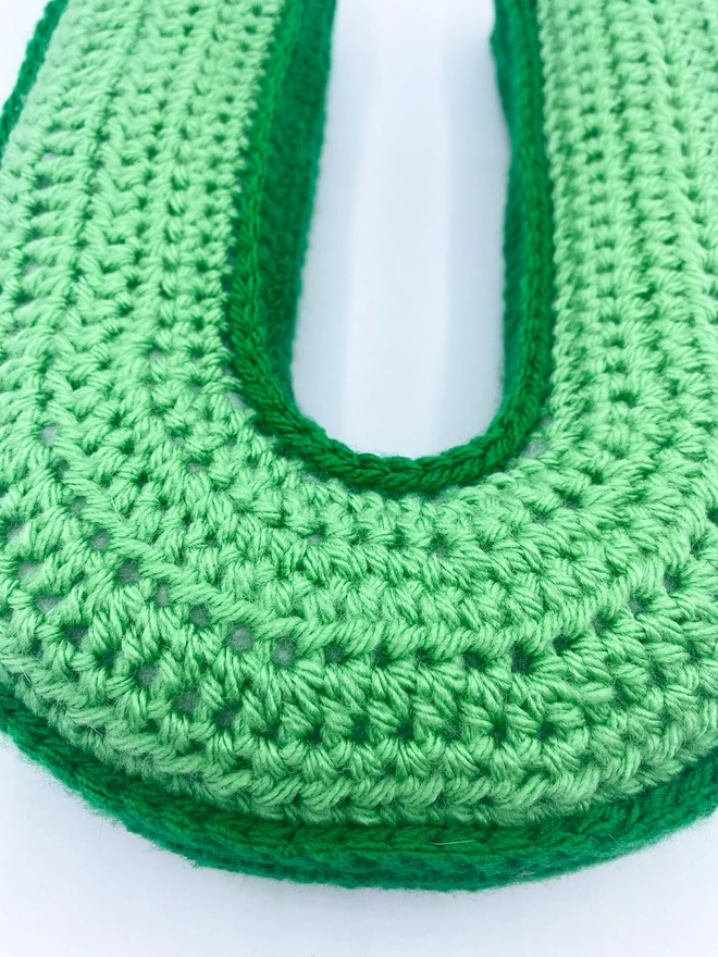 Crocheted U Cushion in Sage Green and Grass Green