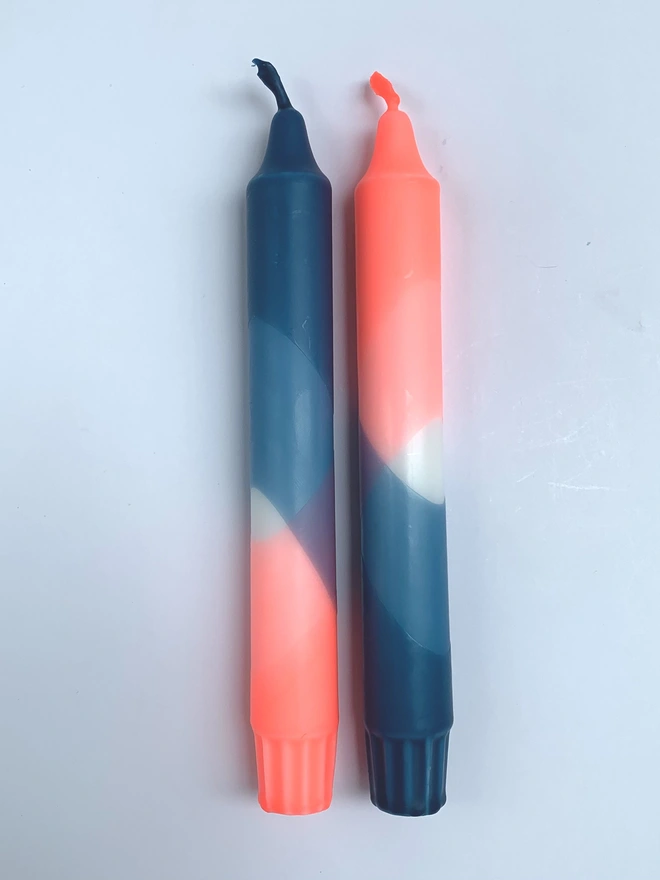 Neon Coral & Teal Dip Dyed Dinner Candles (Set Of 2)