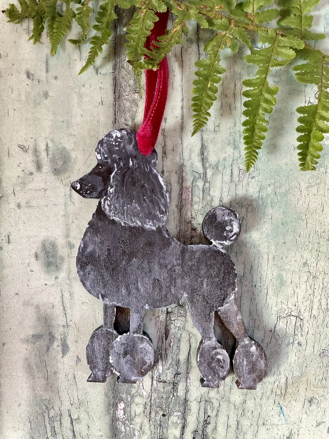 Poodle Dog Hand-painted Wooden Christmas Decoration with red velvet ribbon