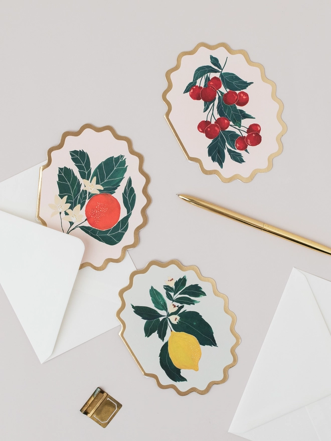 CHERRIES BOTANICAL FRUIT SCALLOP DIE CUT CARD
