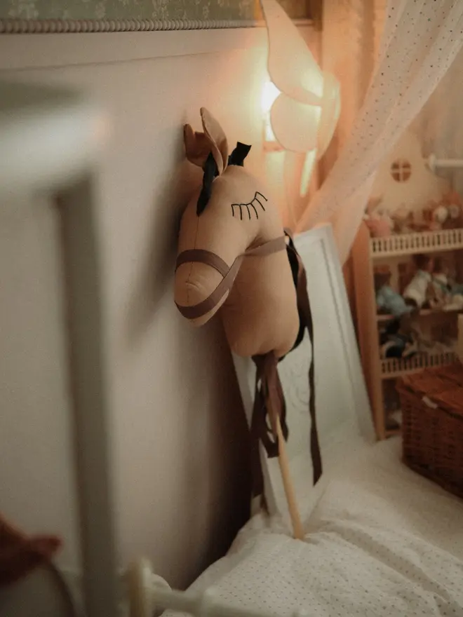 Handmade Brown Cotton Hobby Pony on Stick, Nursery Ride-On Toy