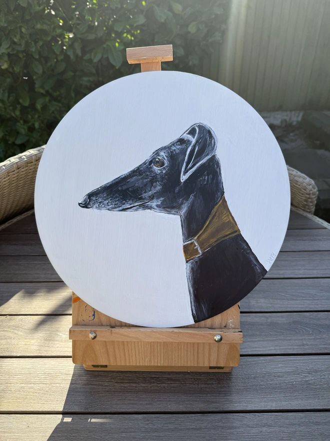 xLarge Hand-Painted Greyhound Picture painted onto a wooden circular background 