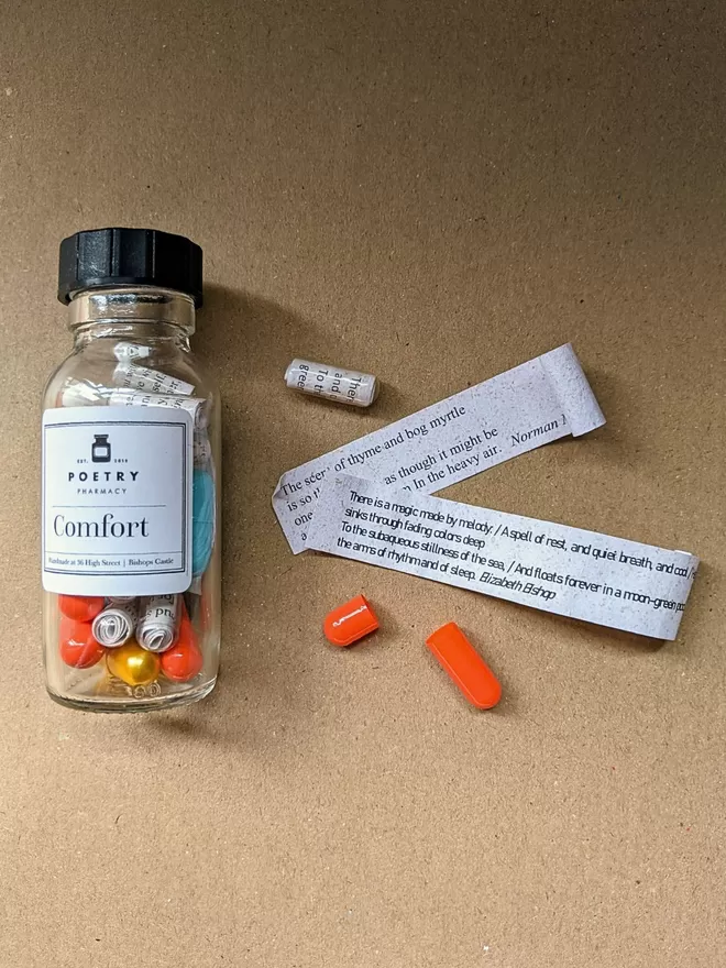 A bottle of clear, orange and yellow comfort poetry pills on a brown paper background, with open capsules and poetry quotes on slips of paper