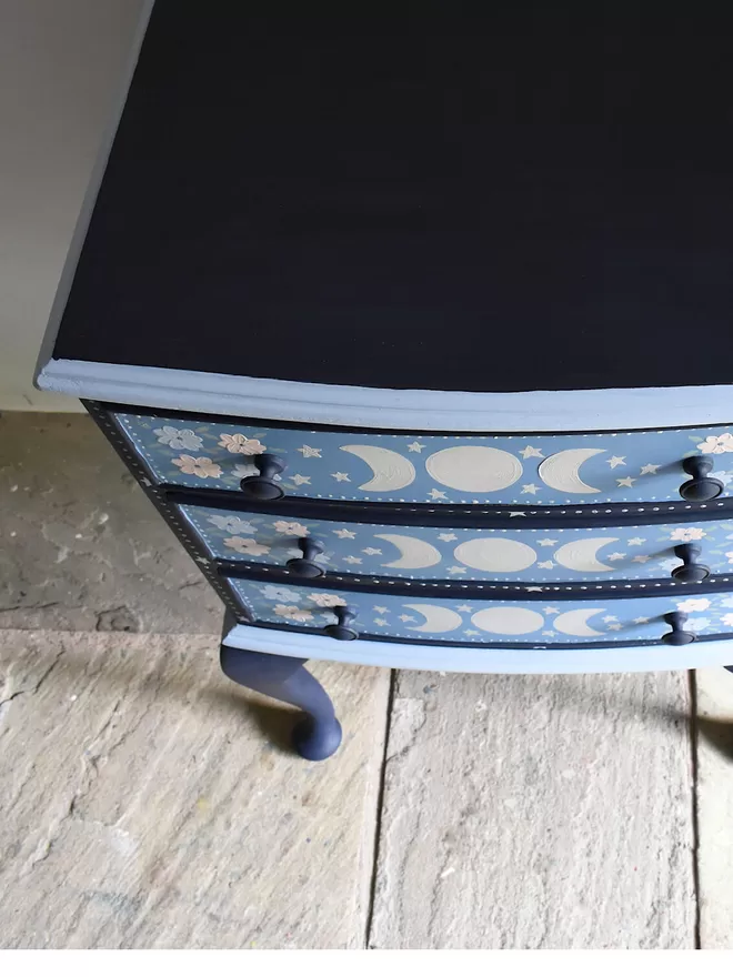 blue celestial folk art drawers bedside table vintage hand painted