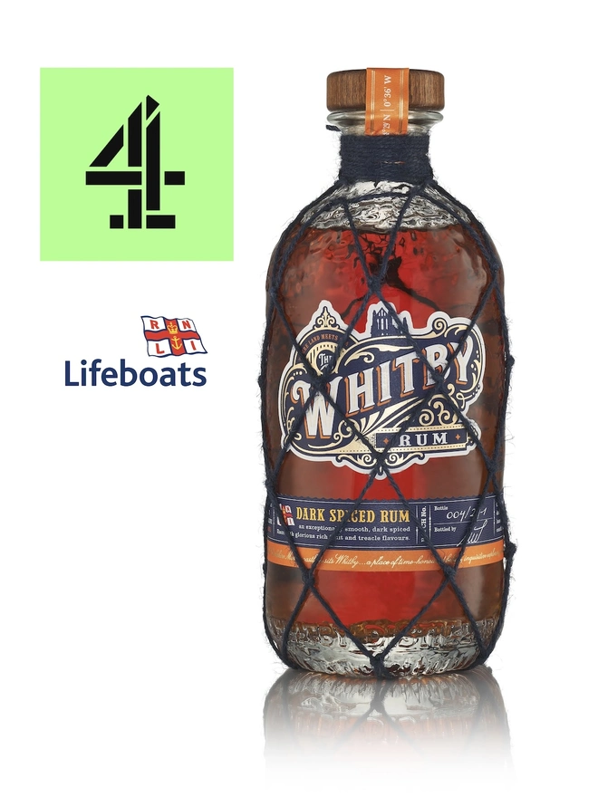 Whitby Dark Spiced Rum - RNLI Edition, a bottle of rum sitting on a plain white surface. 