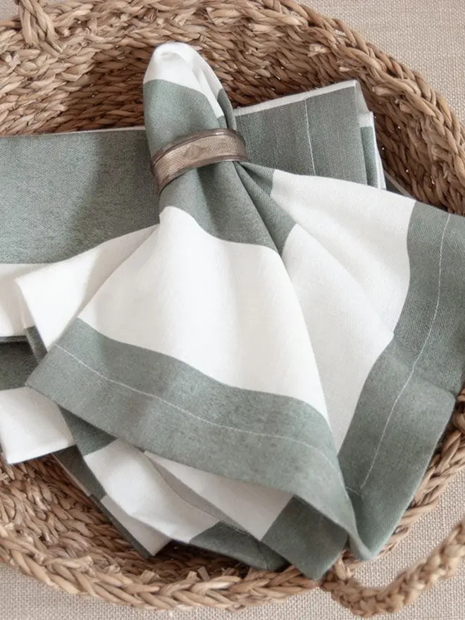 Sage Green Striped Linen Napkins (Set Of 4)