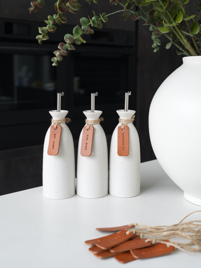 tan leather pantry labels