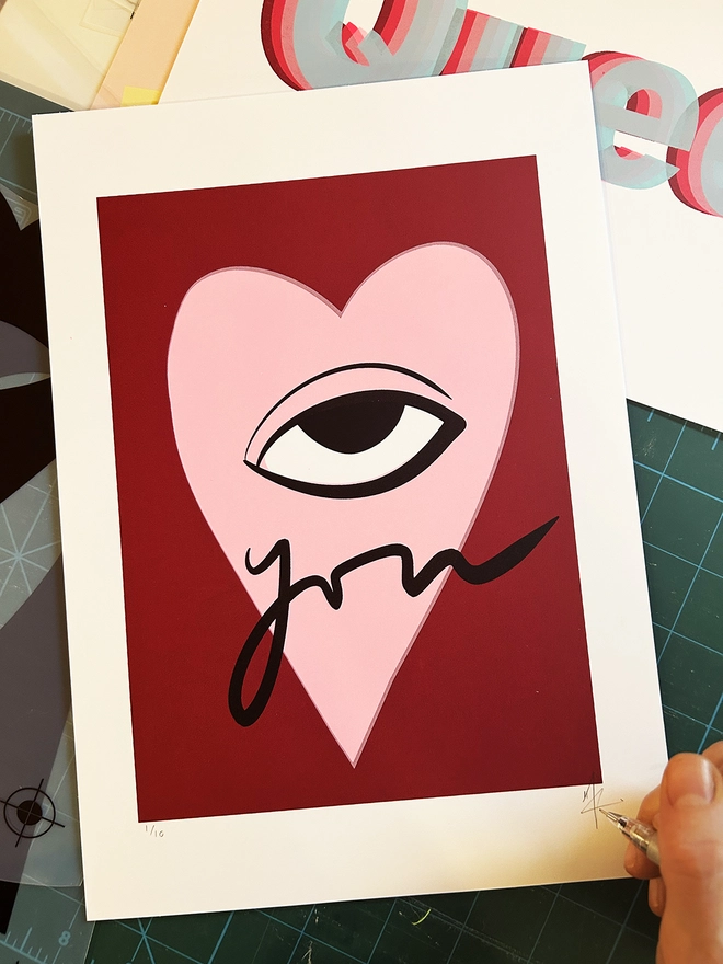 Eye Love You, Screen Printed by Hannah Carvell, Pink, Burgundy