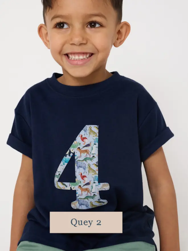 A navy birthday t-shirt with a number 3=4 cut from liberty zoo animal print on the front